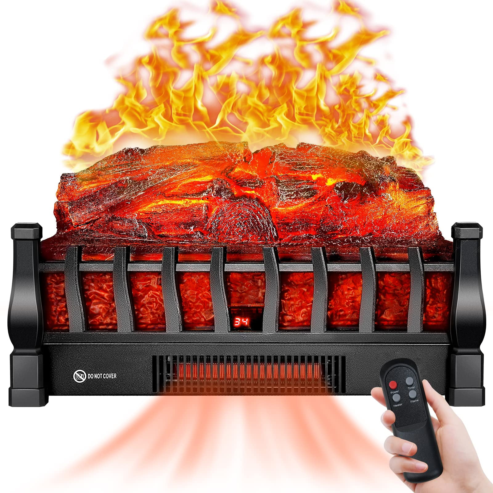 Riseon - Chimenea Eléctrica Con Inserción De Troncos Calentador Remoto Infrarrojo De 1800 W