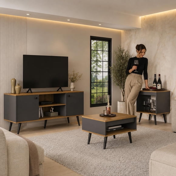 Combo Living Tokio 3 Piezas Rack TV, Mesa de Centro, Mesa Lateral Madera Grafito