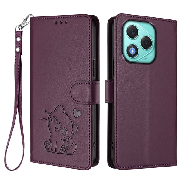 Funda Billetera con Relieve de Gato para Honor 400 Lite, Morado Oscuro