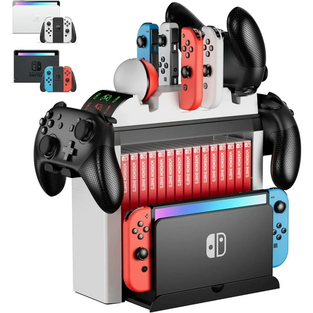 Base Organizadora Con Estación De Carga Para Mandos - Soporte Cargador Compatible Con Nintendo Switch Y Joycons OLED, Mando Pro - Torre De Almacenamiento De Accesorios Para Juegos, Base Para TV-Blanco