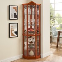 M&Ms - Glass Cabinet Lighted Corner Cabinet Corner Display Curio Cabinet, Glass Display With Light(Included)Bar Cabinet,Wine Cabinet With Adjustable Glass Shelves Carved Decoration Oak Light(Included)