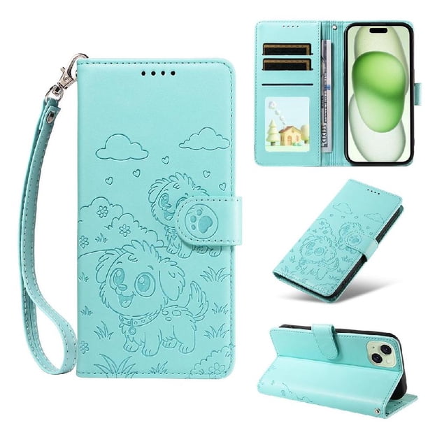 Funda Cartera para iPhone 15 Plus Perro Cachorro Grabado con Tarjetas Soporte Correa Verde