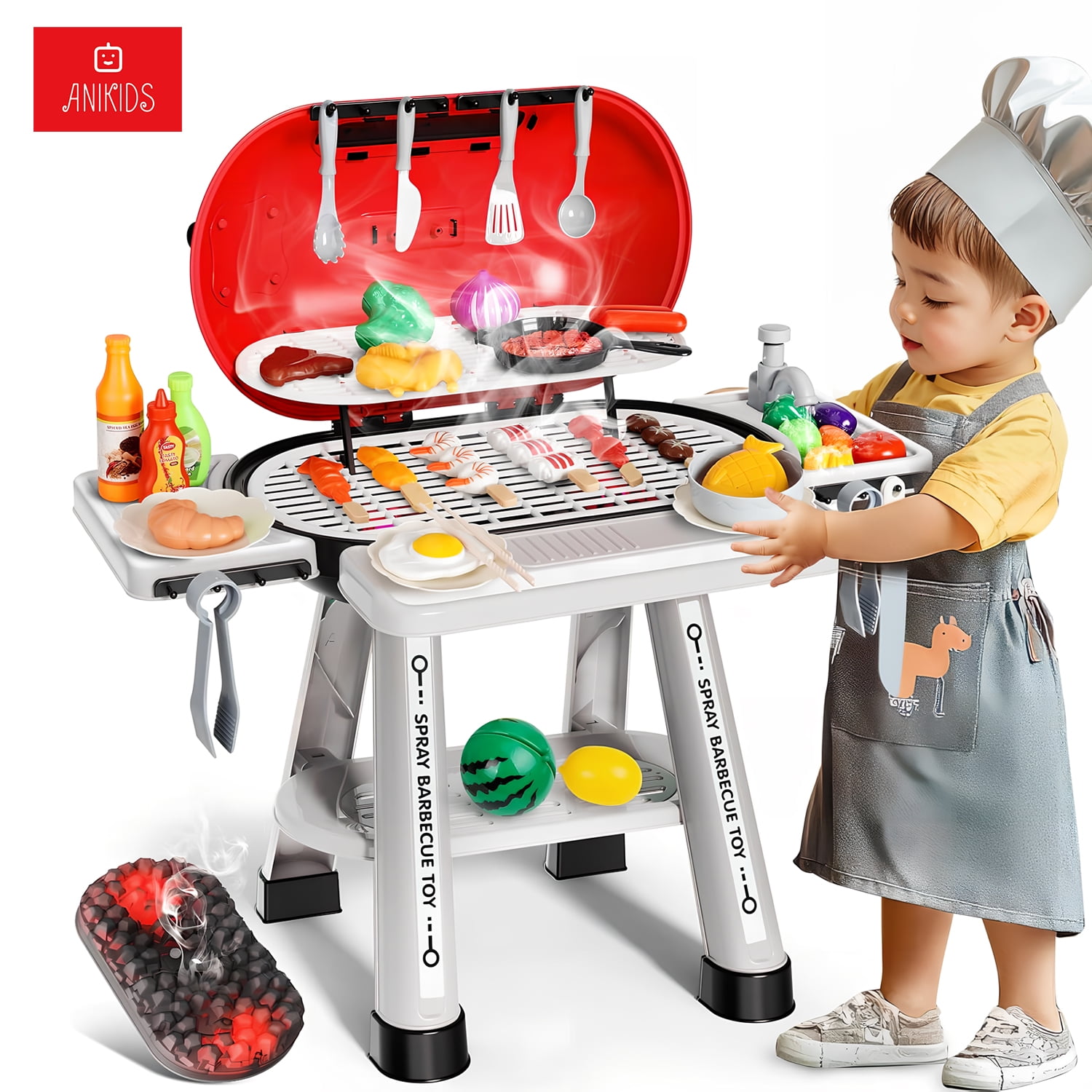 Anikids - Cocina De Juguete Bbq Parrilla Niños 68 Pcs Luz Vapor Sonido