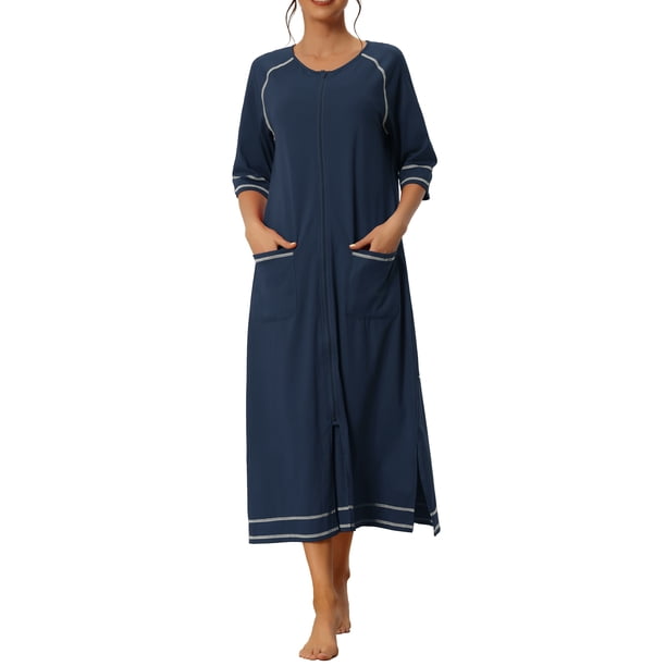 INSPIRE CHIC Bata con cremallera de manga larga para mujer, mezcla suave de rayón, bata midi con bolsillos, talla S, azul