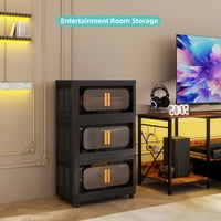 M&Ms - Black, 20"" Side Wide Folding Storage Cabinet ,3 Tiers,19.69""×11.81""×31.10"",Collapsible Storage Bins With Magnetic Door, Plastic Storage Cabinet With Wheels