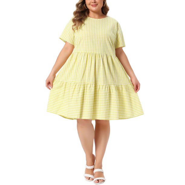 Agnes Orinda Vestidos de Cuadros para Mujer Tallas Grandes Cuello Redondo de Capas Mangas Cortas Verano Casual Midi Vestido a Cuadros 2X Amarillo