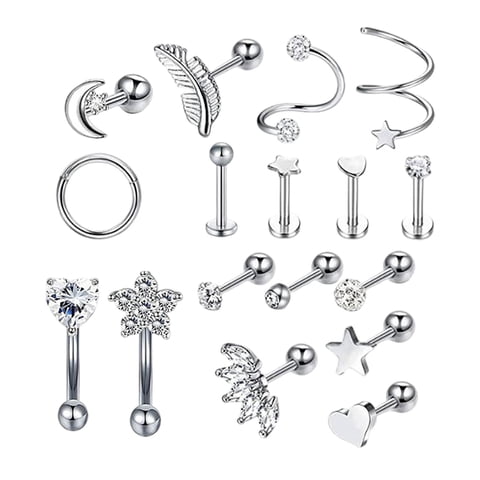 Magideal - 17X Pendientes De Oreja De Material Acero Inoxidable Conjunto De Joyas De Para Hombres Mujeres Pendientes Aros Barbell Stud Pendientes Hoop Stud Coraz Plata
