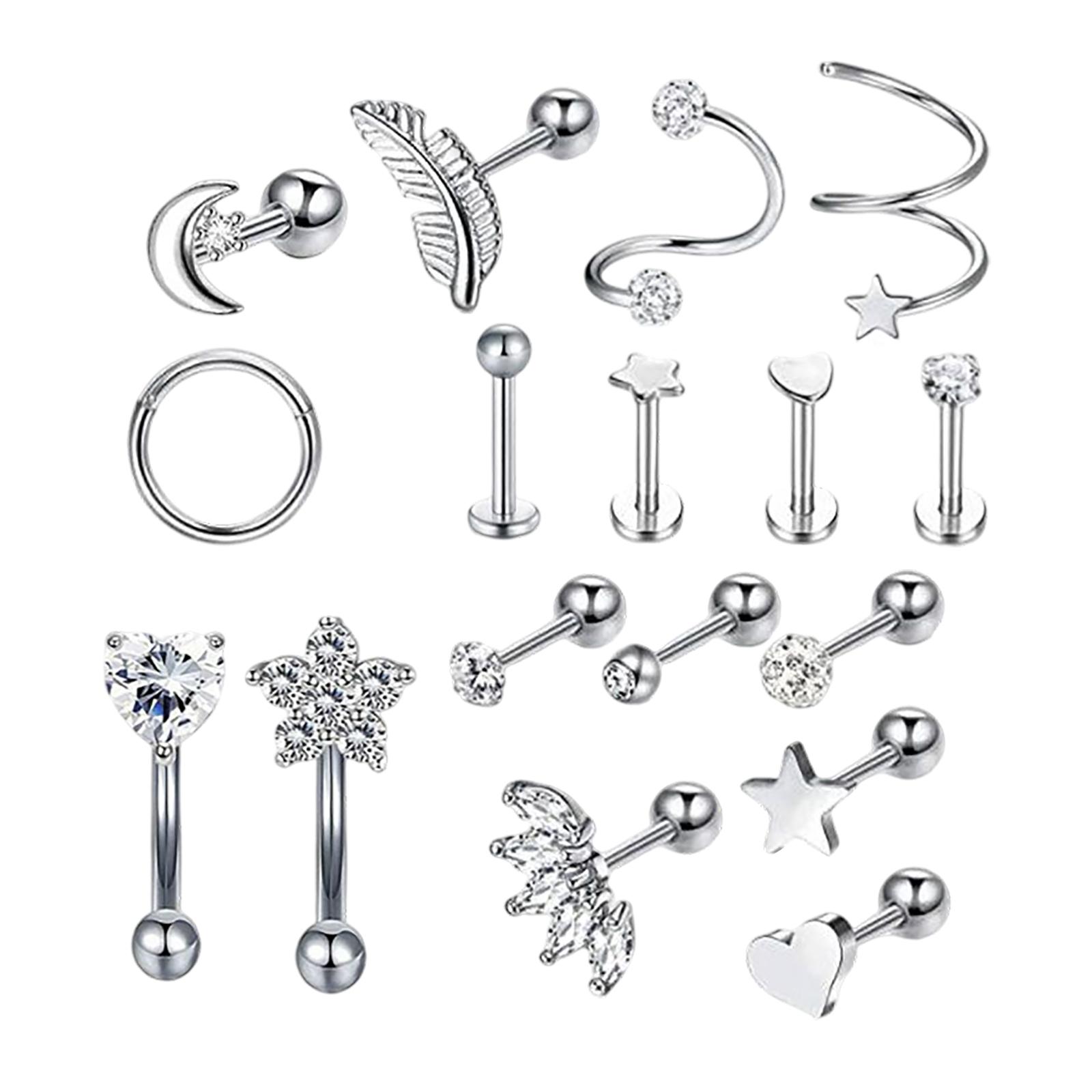 Magideal - 17X Pendientes De Oreja De Material Acero Inoxidable Conjunto De Joyas De Para Hombres Mujeres Pendientes Aros Barbell Stud Pendientes Hoop Stud Coraz Plata