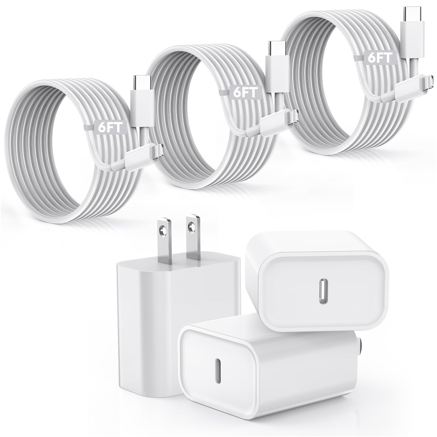 Cargador Vagavo De Carga Rápida De 20 W Para Iphone Con Cable De 6 Pies, Paquete De 3