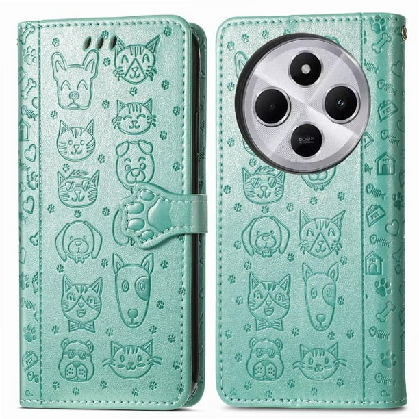 Funda Cartera FOXDOCK para Xiaomi Redmi 14C , Flip PU con Relieve de Gatos y Perros, Tarjetero y Soporte