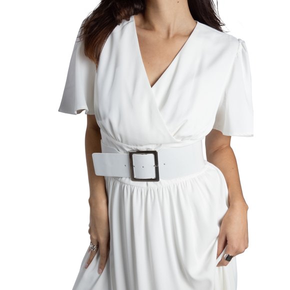 Vestido de Mujer Jess by Meiko Escote en V Manga con Vuelo Cinturón con Hebilla Declaración Vestido Midi S Blanco