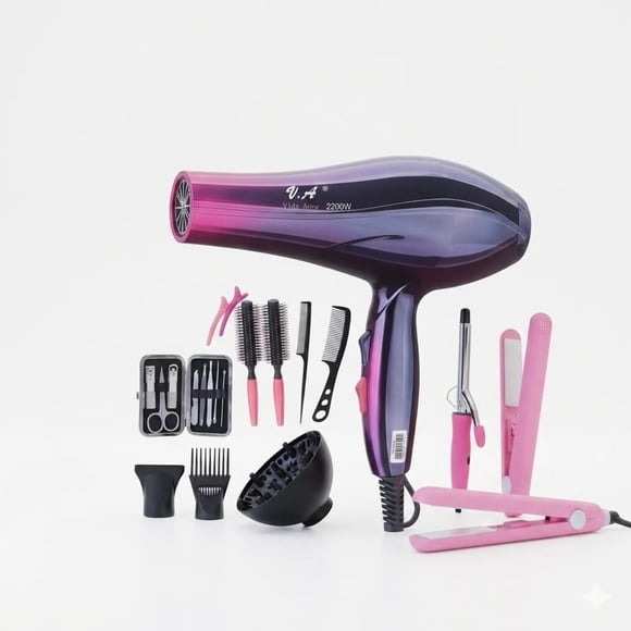 Set Kit De Belleza 10 En 1 Secador De Pelo 2200W Plancha Y Ondulador Manicura Pedicura Cepillos Peines
