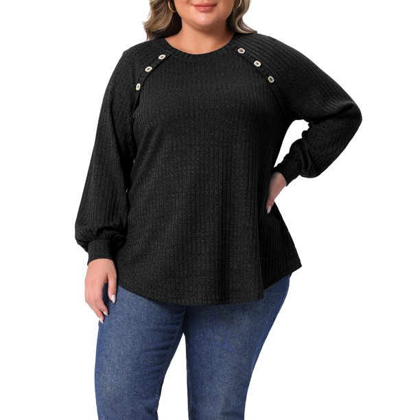 Agnes Orinda Conjuntos de Halloween para Mujeres Blusas Casuales de Talla Grande con Cuello Redondo de Punto Acanalado y Manga Larga con Decoración de Botones 2X Negro