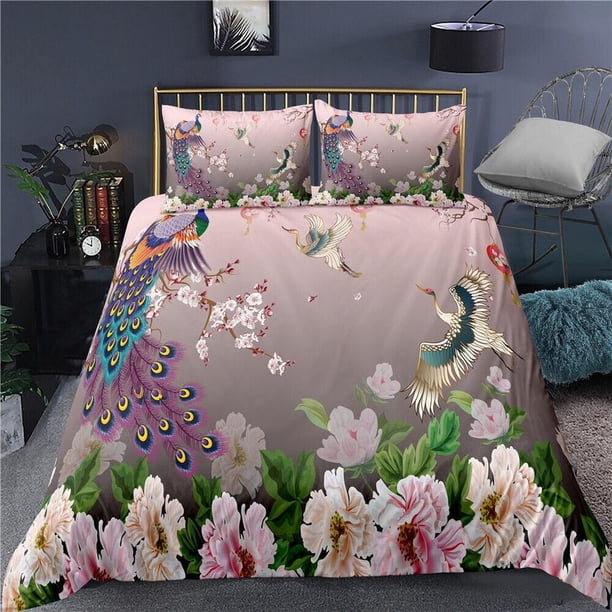 Luxury Peacock Feather Print Quilt Duvet Cover Set Children Soft 3-Piece Bedding Set