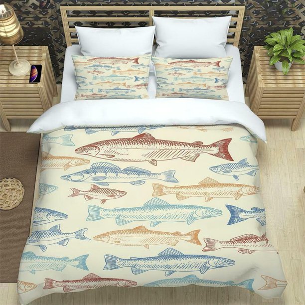 Fish World Print Quilt Duvet Cover Set Soft Queen Bedroom Decor3-Piece Bedding Set