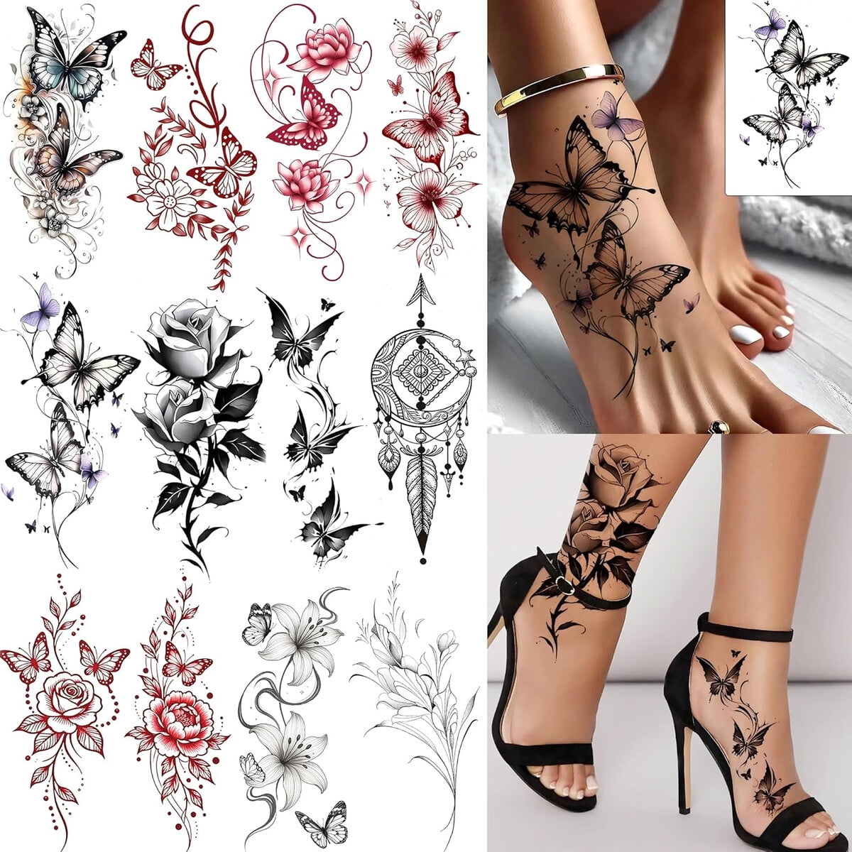 Tatuajes Temporales Coktak 12 Hojas Mariposa Flor Waterproof