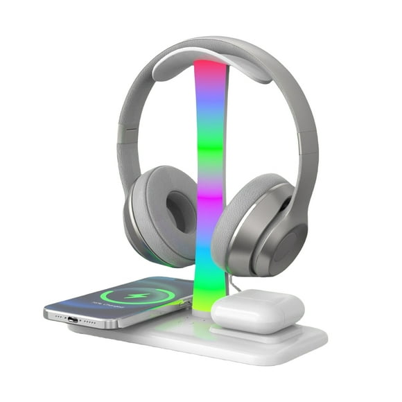 Soporte de auriculares 4 en 1 con cargador inalámbrico de 15 W para AirPods Max/Pro IOS Watch y auriculares-Blanco
