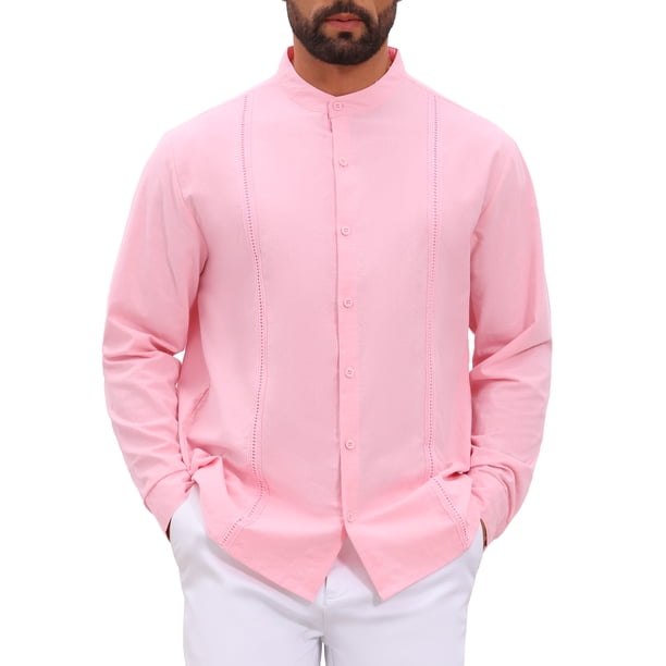 INSPIRE CHIC Camisa Guayabera Cubana para Hombre de Manga Larga con Botones Abajo Camisas Casuales de Verano para la Playa M Rosa