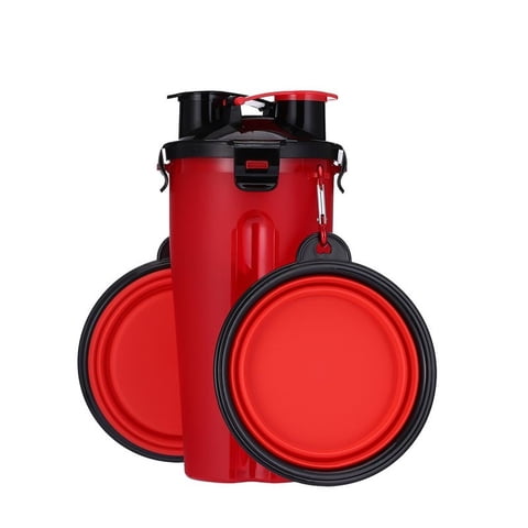 Winpet - Botella 2×1 Para Agua Y Comida + 2 Platos Plegables Para Perros - Rojo