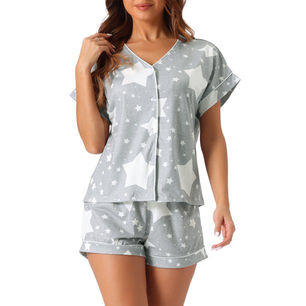 INSPIRE CHIC Conjunto de Pijama de Modal para Mujer con Estampado de Estrellas de Manga Corta, Camisa Abotonada y Pantalones Cortos, Conjunto de Ropa de Casa 2XL Estrella Gris