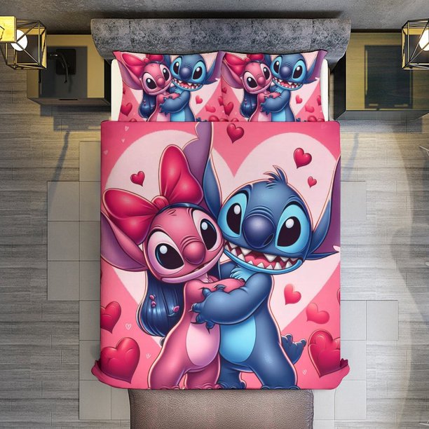 Comforter Set Queen Size Love Angel And Stitch Set with 2 Pillowcases for All SeasonsBedding Set 3pcs for Kids Boys Girls Bedroom Decor Bed Sheets