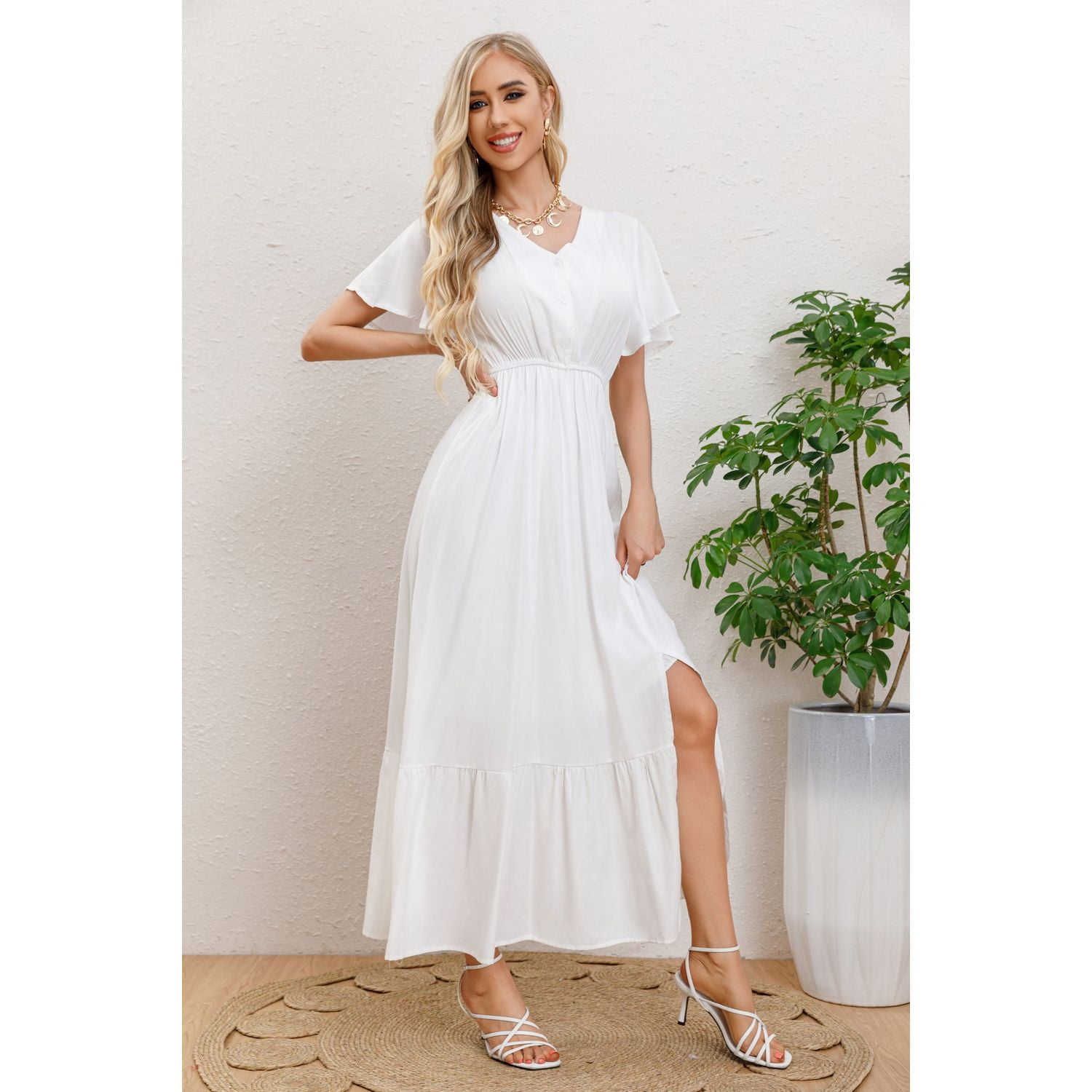 Likeshop - Vestido Largo Verano Mujer Manga Corta Abertura Botones 328