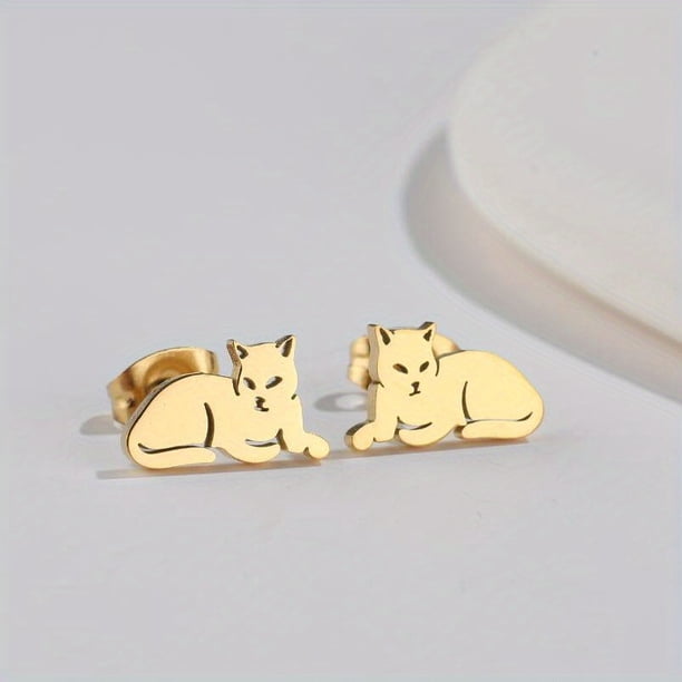 1pair Cute Origami Cat Stud Earrings For Men, Stainless Steel Kitten Earings, Animal Children Accessories