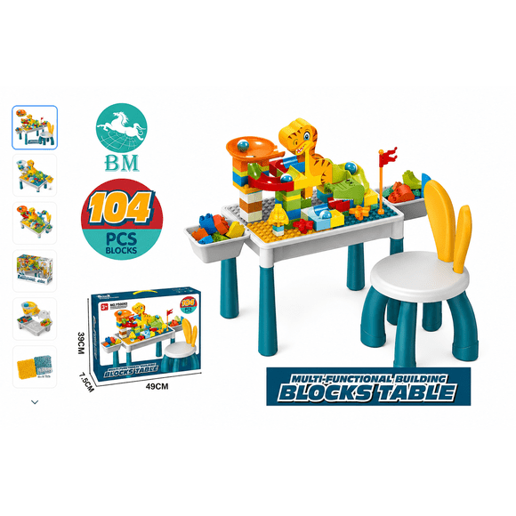 Mesa de Bloques Infantil 104 Piezas con Tobogán de Canicas | Incluye Silla | Juguete de Construcción Educativo