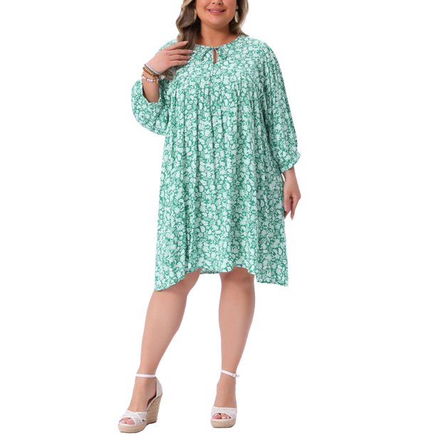 Agnes Orinda Vestido de Verano Talla Grande para Mujeres Escuela Universidades Vestido Midi Flowy con Cordón en el Cuello en V Babydoll Sundress 1X Verde