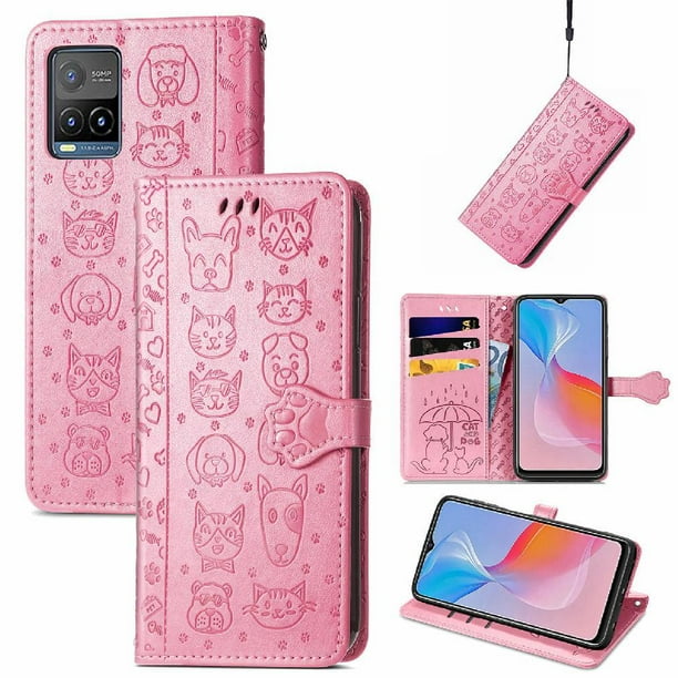 Funda Cartera FOXDOCK para VIVO Y21S , Flip PU con Relieve de Gatos y Perros, Tarjetero y Soporte