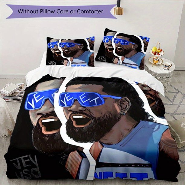 3pcs YEET-Inspired Bedding Set - Includes 1 Cover & 2 Pillowcases, Breathable Polyester, Machine Washable - Perfect for All Seasons, Cartoon Design with "Yeet" Text & Fashion Glasses Illustration, All