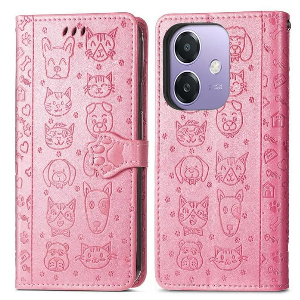 Funda Cartera FOXDOCK para OPPO A60 5G , Flip PU con Relieve de Gatos y Perros, Tarjetero y Soporte