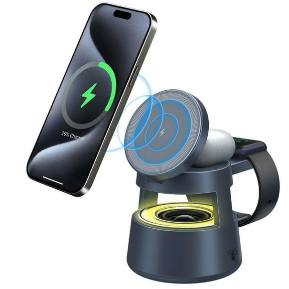 Cargador Inalámbrico Magnético 5 en 1 de Carga Rápida con Altavoz y Luz Nocturna Compatible con Auriculares iPhone IWatch-Negro