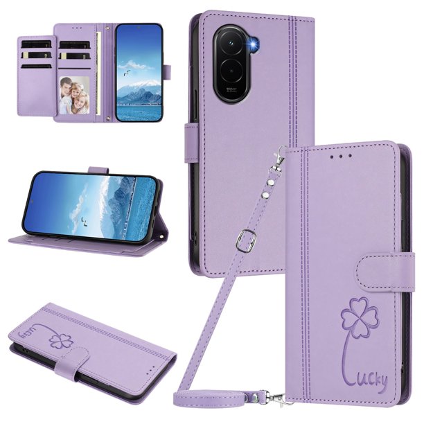 Funda Cartera Trébol para Xiaomi Poco M7 4G con Ranuras Tarjetas y Carga Inalámbrica Morado claro