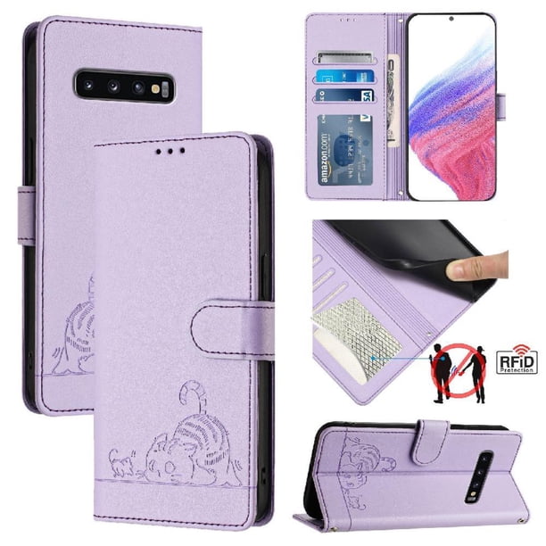 Funda tipo cartera FOXDOCK para Samsung Galaxy S10 con soporte, ranuras, RFID, diseño de gato