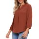 thumbnail image 4 of INSPIRE CHIC Camisa con Botones de Cuello en V para Mujeres, Manga 3/4, Adorno Plisado, Blusa Casual Henley, Talla S, Rojo Ladrillo, 4 of 6