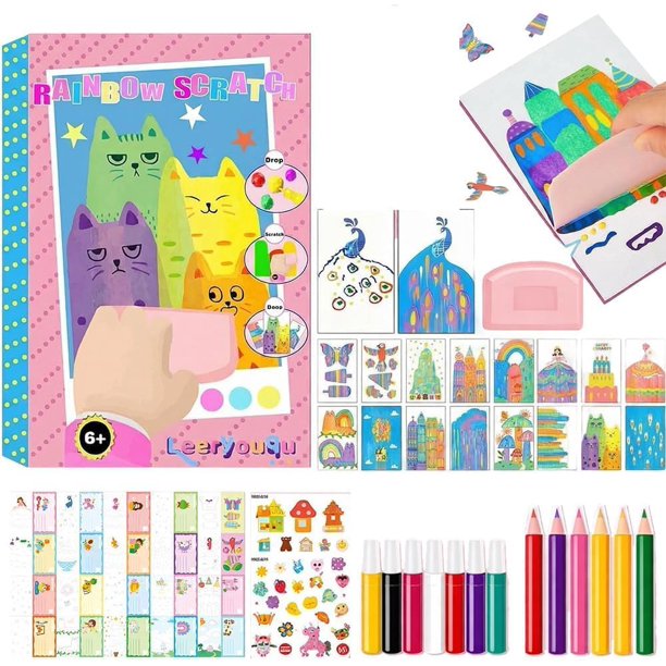 Kit arte arcoíris exprimir papel mágico raspar set bricolaje postales pintura espátula