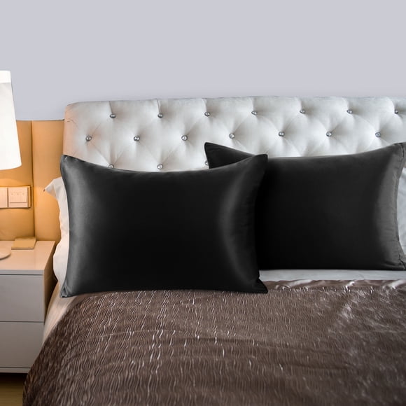 PiccoCasa 2 Piezas Funda de Almohada de Satén con Cremallera Sedosa, King Negro