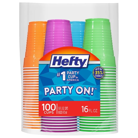 Vasos desechables de plástico Hefty Party On, 16 onzas, 100 unidades