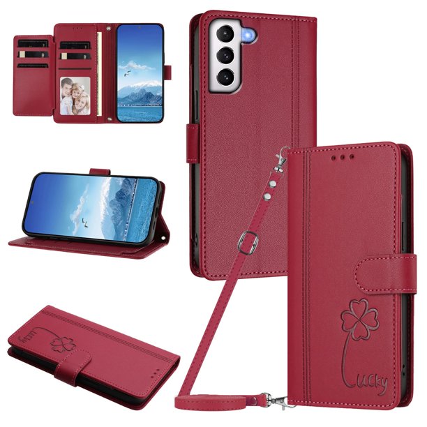Funda Cartera Trébol para Samsung Galaxy S21 Plus con Ranuras Tarjetas y Carga Inalámbrica Rojo