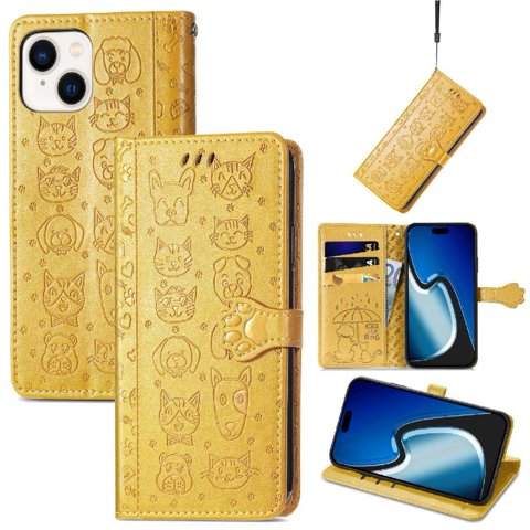 Funda Cartera Foxdock Para Iphone 15 Plus , Flip Pu Con Relieve De Gatos Y Perros, Tarjetero Y Soporte