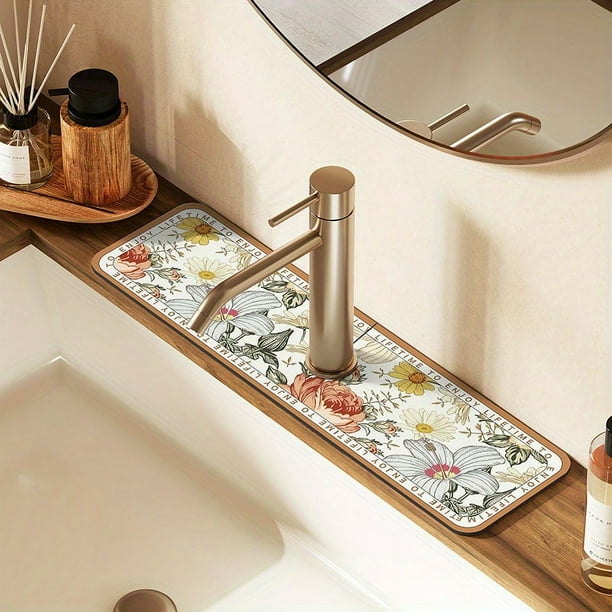 1pc Floral Sink Faucet Absorbent Mat, Drainage Pad, Kitchen, Bathroom Sink, Countertop, Drain Pad, Diatomaceous Mud Washbasin, Cuttable, Quick Drying Pad