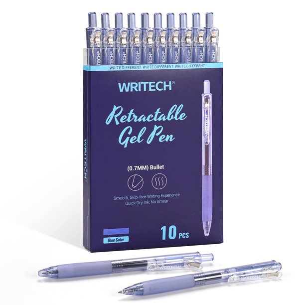 Bolígrafos de tinta de gel Writech retráctiles de 0,7 mm, punta media, azul, 10 quilates