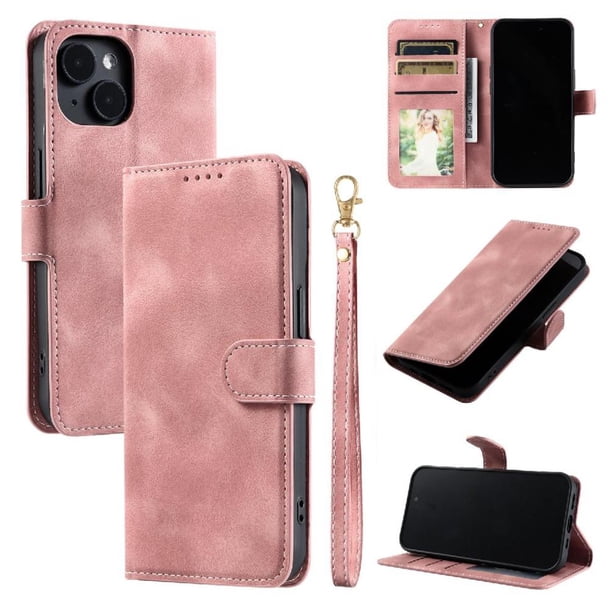 Funda Cartera para iPhone 14 Tapa con Ranuras, Soporte y Correa Rosa