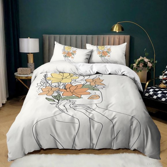x425 Bed SheetsSimple Strokes Duvet Cover Set Size Portrait Pattern Woman With Roses Bedding Set Polyester Abstract Style Comforter Cover 3-Piece Bedding Set (1 Duvet Cover + 2 Pillow Shams) nj425