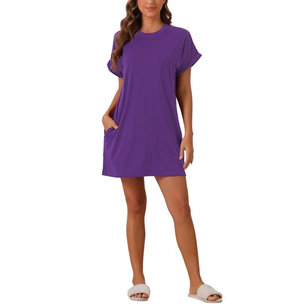 INSPIRE CHIC Vestido de Dormir de Manga Corta para Mujer, Mezcla de Rayón Suave con Bolsillos Laterales y Puños Enrollados para Primavera Verano M Púrpura
