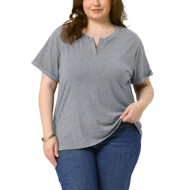 Agnes Orinda Camisetas de Mujer Tallas Grandes Cuello en V con Muesca Mangas Cortas Enrolladas Camisetas Suaves Casuales de Verano 2025 5X Gris