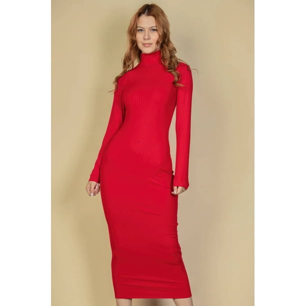 Vestido Midi Ajustado De Manga Larga Con Cuello Alto Y Canalé