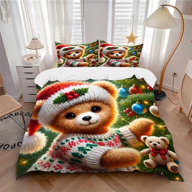 Christmas Teddy Bear Bedding - Includes One Quilt Cover and Two Pillowcases (No Core) - Festive Gift for Bedroom Decor - Polyester Fabric - Anime Cartoon Design