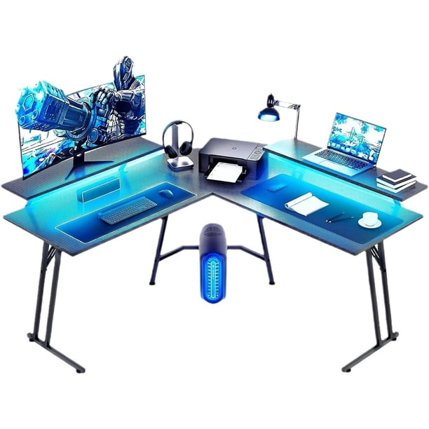 Escritorio Gamer en L con Luces LED, Doble Repisa para Monitor y Cubierta Fibra de Carbono – Be Design 130 x 88 x 130 cm